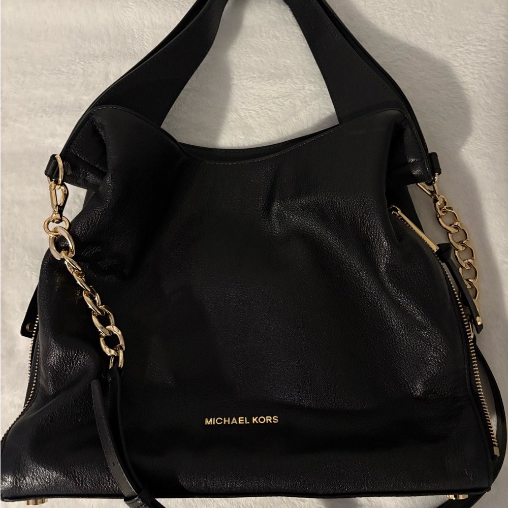 Michael Kors Black Leather Shoulder Bag with Gold Accents